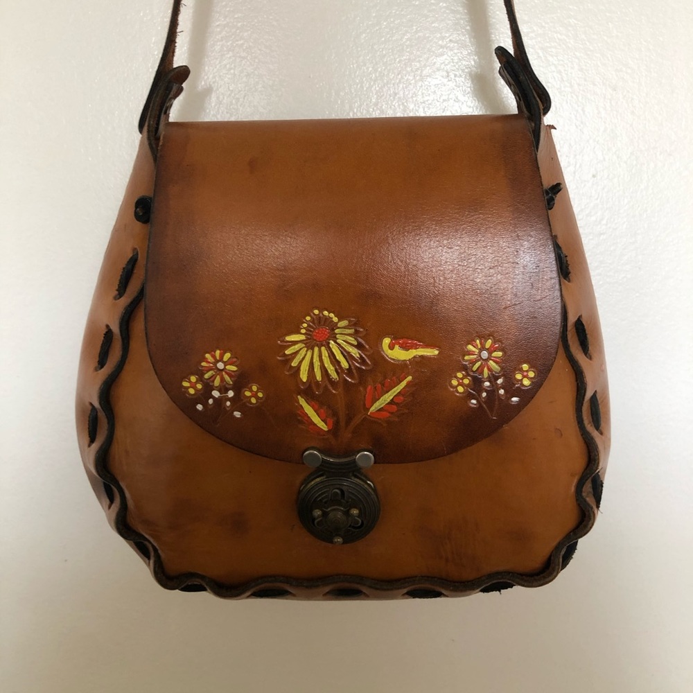 Vintage 60s brown tooled leather bag